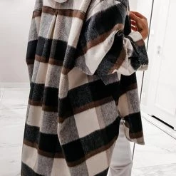Levency Plaid Lapel Hem Slit Loose Coat
