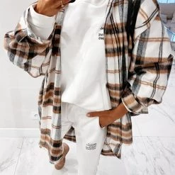 Levency Plaid Lapel Hem Slit Loose Coat