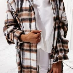 Levency Plaid Lapel Hem Slit Loose Coat