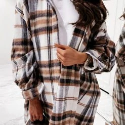 Levency Plaid Lapel Hem Slit Loose Coat