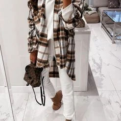 Levency Plaid Lapel Hem Slit Loose Coat