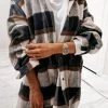 Levency Plaid Lapel Hem Slit Loose Coat