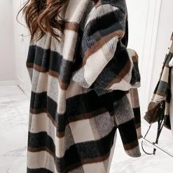 Levency Plaid Lapel Hem Slit Loose Coat