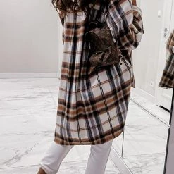 Levency Plaid Lapel Hem Slit Loose Coat