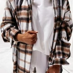 Levency Plaid Lapel Hem Slit Loose Coat