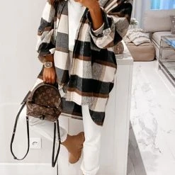 Levency Plaid Lapel Hem Slit Loose Coat