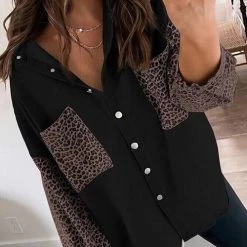 Levency Leopard Patchwork Button Pockes Jackets