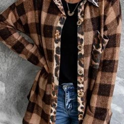 Levency New In Plaid Leopard Patchwork Button Shirt Jackets