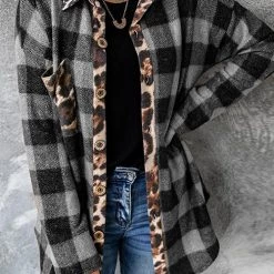 Levency New In Plaid Leopard Patchwork Button Shirt Jackets