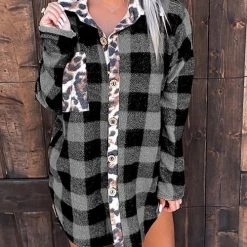 Levency New In Plaid Leopard Patchwork Button Shirt Jackets