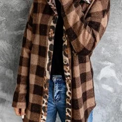 Levency New In Plaid Leopard Patchwork Button Shirt Jackets