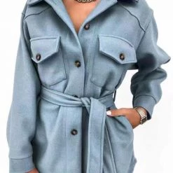 Levency Lapel Solid Pockets Button Belt Coat New In