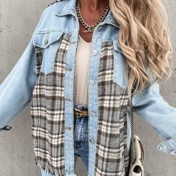 Levency Checked Patchwork Pockets Denim Jacket New In