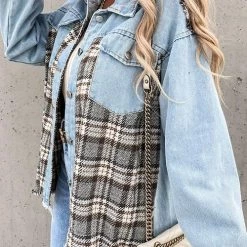 Levency Checked Patchwork Pockets Denim Jacket New In