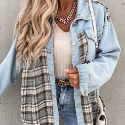 Levency Checked Patchwork Pockets Denim Jacket New In