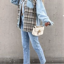 Levency Checked Patchwork Pockets Denim Jacket New In