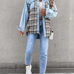 Levency Checked Patchwork Pockets Denim Jacket New In