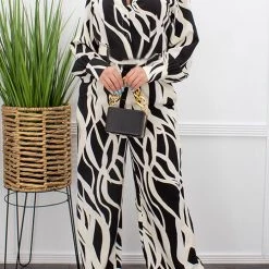 Levency Turndown Collar Lace-Up Digital Print Jumpsuit