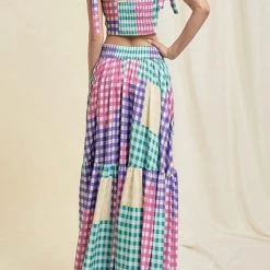 Levency Plaid Color Block Tie Shoulder Maxi Skirt Set 10 Levency Plaid Color Block Tie Shoulder Maxi Skirt Set