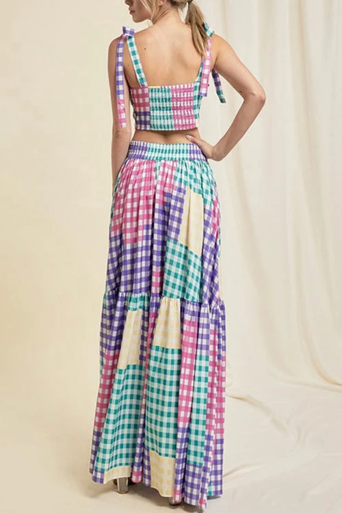 Levency Plaid Color Block Tie Shoulder Maxi Skirt Set 4 Levency Plaid Color Block Tie Shoulder Maxi Skirt Set
