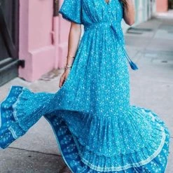 Levency Floral Print Short Sleeve Maxi Dress