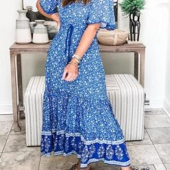 Levency Floral Print Short Sleeve Maxi Dress