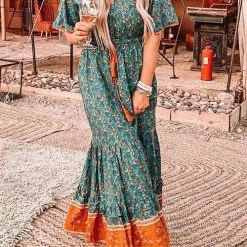 Levency Floral Print Short Sleeve Maxi Dress