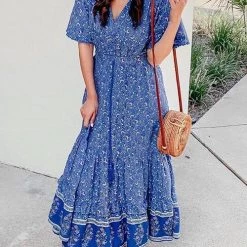 Levency Floral Print Short Sleeve Maxi Dress
