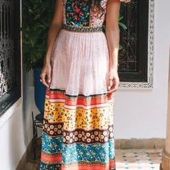 Levency New In Vintage Print Lace Maxi Dress