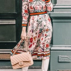 Levency Button Floral Print Long Sleeve Pleated Dress