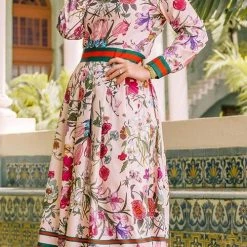 Levency Button Floral Print Long Sleeve Pleated Dress