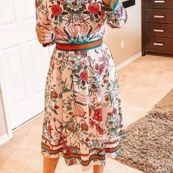 Levency Button Floral Print Long Sleeve Pleated Dress