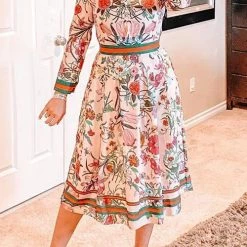 Levency Button Floral Print Long Sleeve Pleated Dress