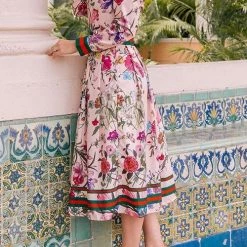 Levency Button Floral Print Long Sleeve Pleated Dress