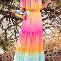 Levency New In Gradient Off Shoulder Belted Maxi Dress