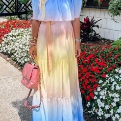 Levency New In Gradient Off Shoulder Belted Maxi Dress