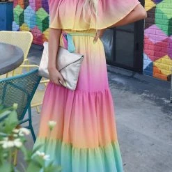 Levency New In Gradient Off Shoulder Belted Maxi Dress