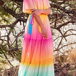 Levency New In Gradient Off Shoulder Belted Maxi Dress