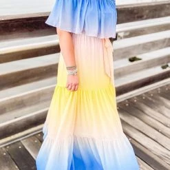 Levency New In Gradient Off Shoulder Belted Maxi Dress