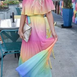 Levency New In Gradient Off Shoulder Belted Maxi Dress