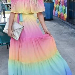 Levency New In Gradient Off Shoulder Belted Maxi Dress