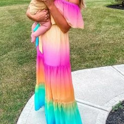 Levency New In Gradient Off Shoulder Belted Maxi Dress