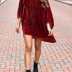 Levency New In V Neck Pockets Velvet Shirt Dress