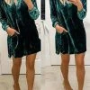 Levency New In V Neck Pockets Velvet Shirt Dress
