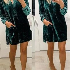 Levency New In V Neck Pockets Velvet Shirt Dress