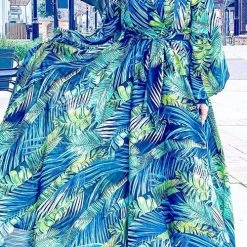 Levency New In Leaf Print Belted Wrap Long Sleeve Maxi Dress