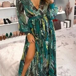 Levency New In Leaf Print Belted Wrap Long Sleeve Maxi Dress