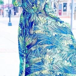 Levency New In Leaf Print Belted Wrap Long Sleeve Maxi Dress