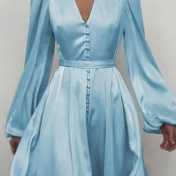 Levency Satin V Neck Puff Long Sleeve Mini Dress New In