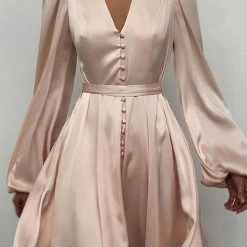 Levency Satin V Neck Puff Long Sleeve Mini Dress New In